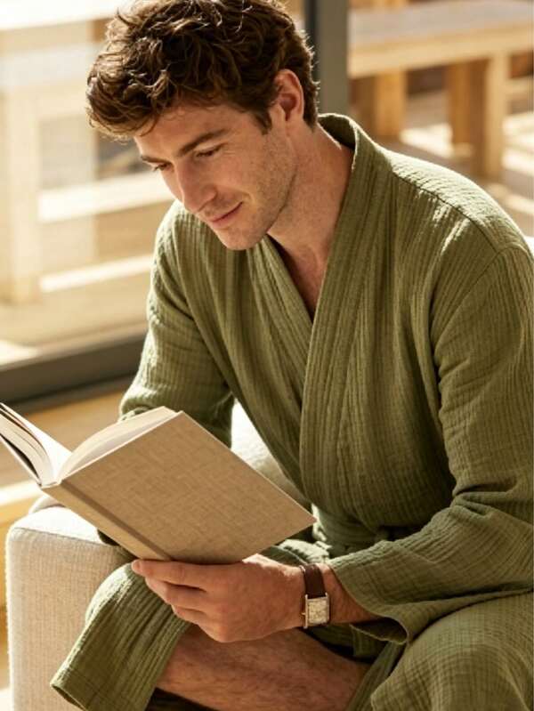 1pc All-Season Thin Soft Comfortable Double-Layer 100% Cotton Unisex Couple Casual Bathrobe Kimono Collar Sleepwear
