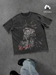 Manfinity Men's T-Shirt With Graphic Print Of The New York Slogan And The Statue Of Liberty, 100% Cotton, Crew Neck, Short Sleeve, Dark Gray, Summer, Streetwear, Red - 黑色 4 - 查看 1