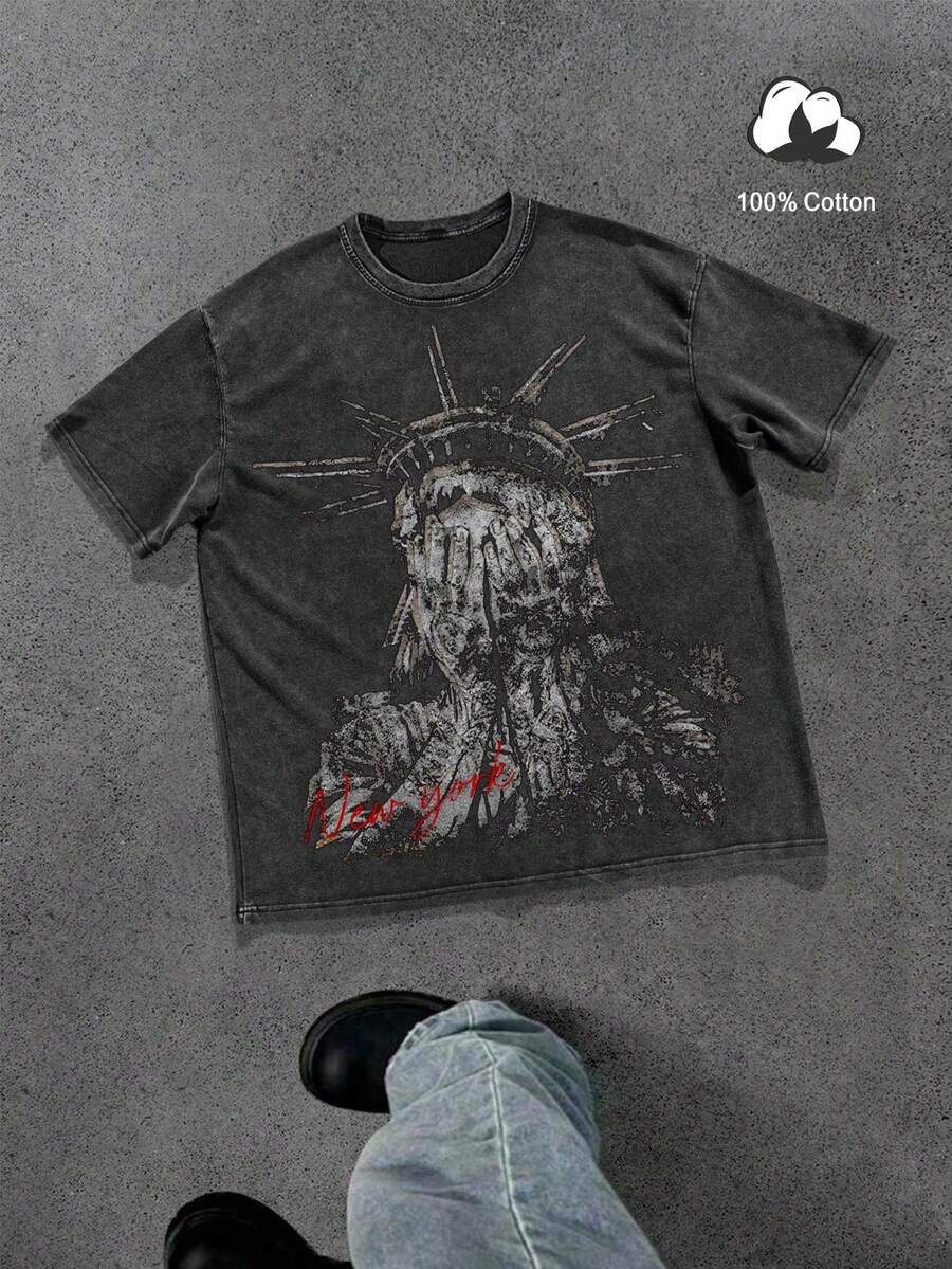 Manfinity Men's T-Shirt With Graphic Print Of The New York Slogan And The Statue Of Liberty, 100% Cotton, Crew Neck, Short Sleeve, Dark Gray, Summer, Streetwear, Red - 黑色 4 - 查看 1