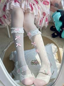 1 Pair Girls Spring/Summer Thin Lace Trim Multi-Bow Lolita JK Sweet Fishnet Socks - Multicolor - View 5