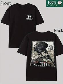 Unisex 100% Cotton T-Shirt With A Southern Hunting And Dog Print - Double-Sided Print Featuring Shotgun Shells, Bullet Casings, And Southern Sayings. Breathable Casual T-Shirt - 黑色 - 查看 1