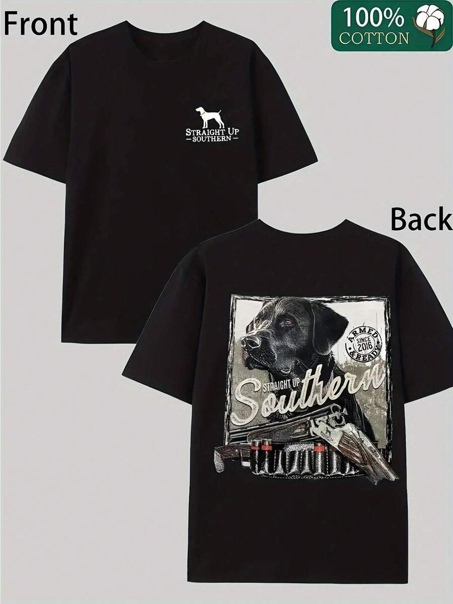 Unisex 100% Cotton T-Shirt With A Southern Hunting And Dog Print - Double-Sided Print Featuring Shotgun Shells, Bullet Casings, And Southern Sayings. Breathable Casual T-Shirt - 黑色 - 查看 1