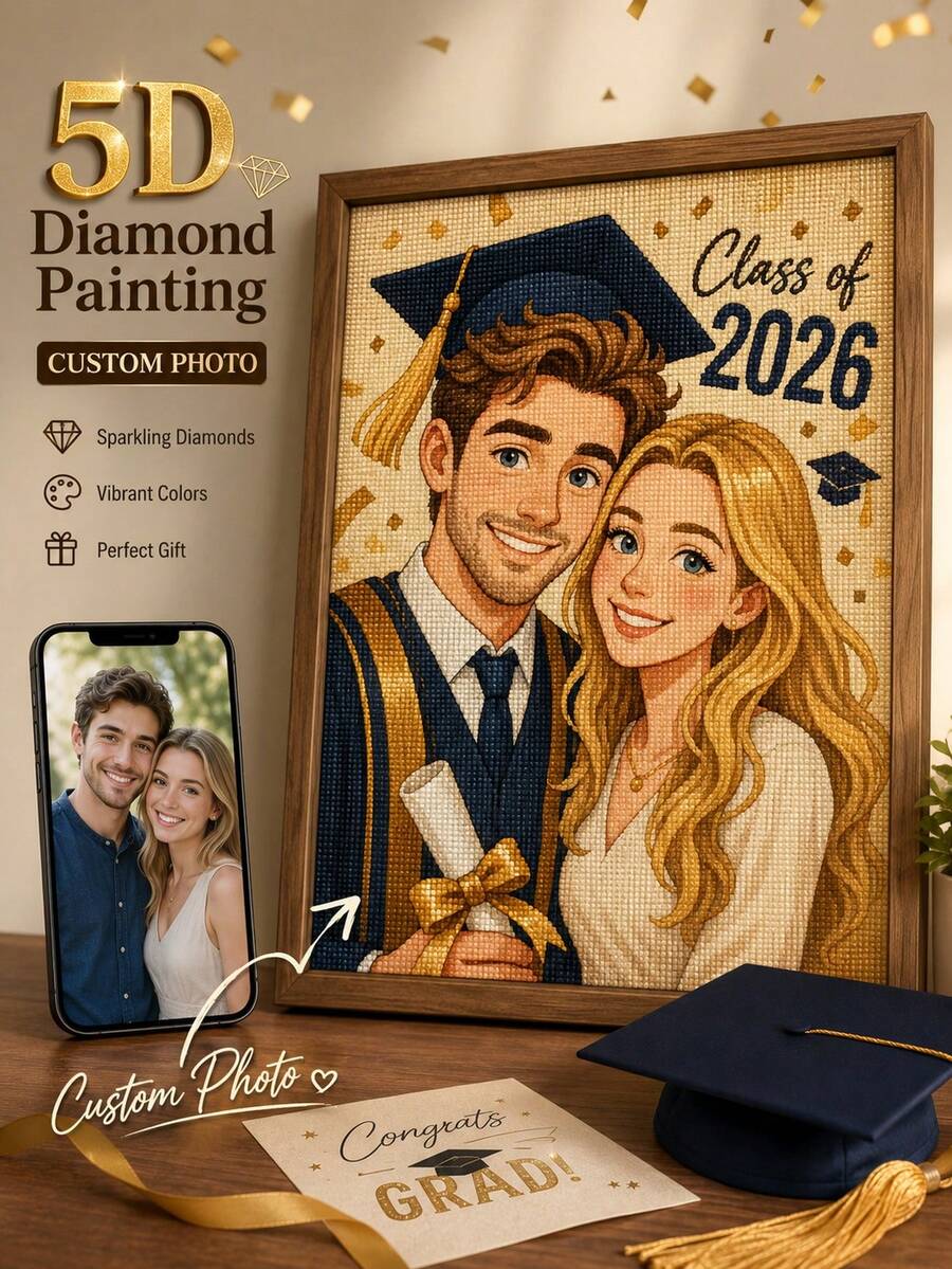 Custom 5D Diamond Painting Portrait, Personalized Photo To Diamond Embroidery Art, Graduation Gift For Couple Family Pet, DIY Resin Diamond Painting Kit, Custom Wall Decor, Sparkling Handmade Keepsake, Graduation Season Room Decor, Memorial Gift - Multicolor - View 1