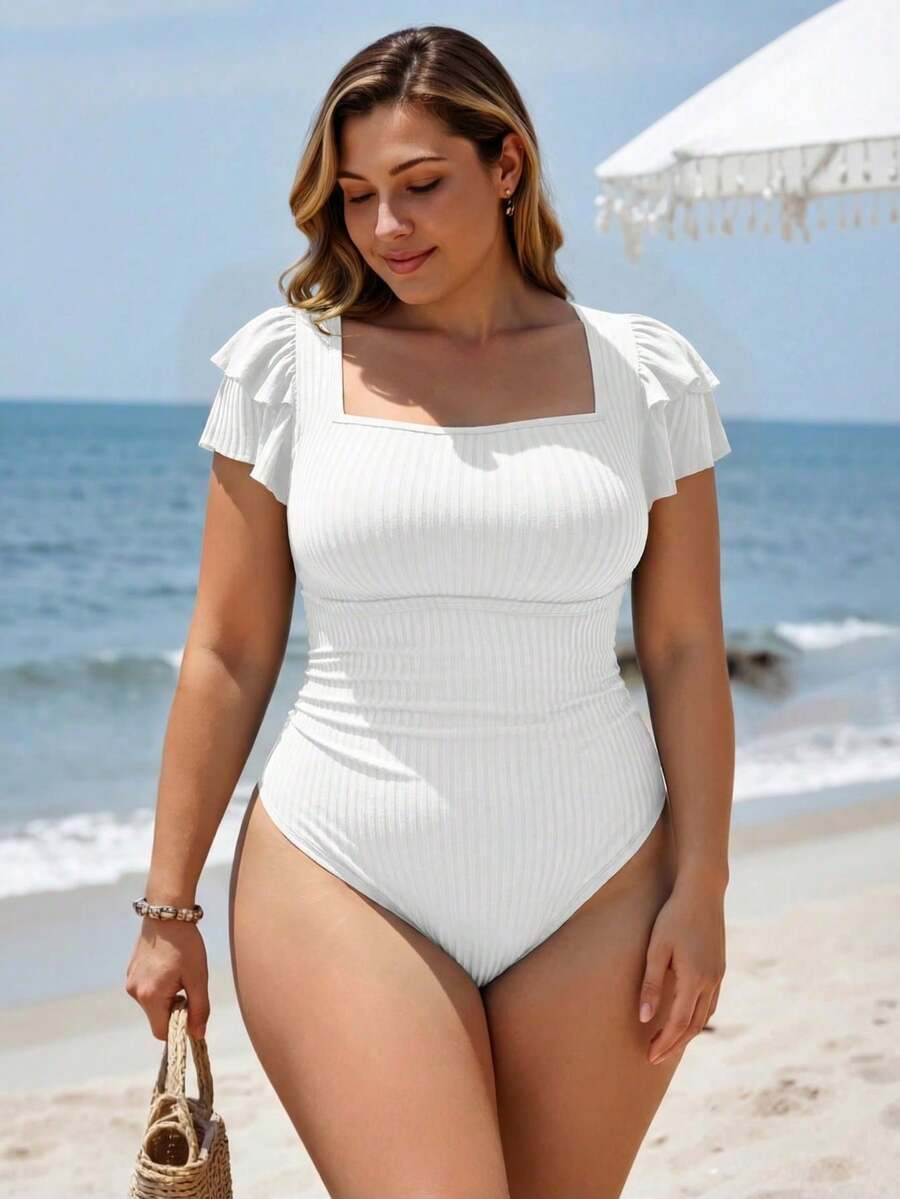 Swim Lushoire Traje de baño de una pieza con mangas de volantes y pétalos para tallas grandes - Blanco - Ver 1