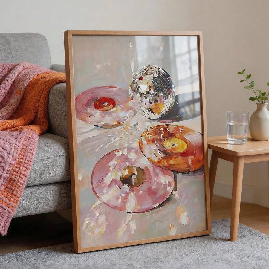 1 tấm tranh canvas treo tường hình quả cầu disco và đĩa than - không khung, in màu pastel retro, phong cách groovy thập niên 70, poster trang trí cho phòng khách, phòng ngủ, bếp, lối vào, văn phòng, trang trí nhà hiện đại, tác phẩm nghệ thuật treo tường thời trang