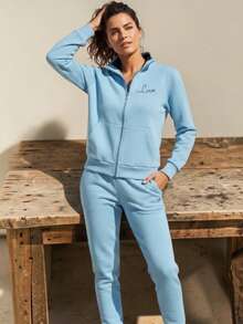 CONJUNTO DEPORTIVO CASUAL DE  2 PIEZAS  PARA MUJER, SUDADERA CON CAPUCHA Y PANTALON  (LS2023) - Azul menta - Ver 3