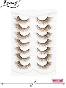 7 Pairs Brown False Eyelashes, Winged Eye Tail, 6-20mm, Thick Fluffy Cat Eye Faux Lashes - 棕色 - 查看 2