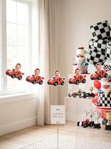 8/16/24pcs Custom Red Race Car Face Bunting Banner,Personalized First Birthday Garland,Boys Race Car Backdrop,/Gender Reveal Party Decor, Checkered Flag, Fast One - Multicolor - View 4