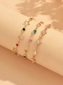 3pcs/Set French Luxury Style Colorful Rhinestone Star Layered Bracelet Set, Fashionable Oval Colorful Rhinestone Hollow Five-Pointed Star Decor Gold Women's Hand Accessory, Suitable For Daily Wear, Summer Vacation, Date, Party, Music Festival, Handmade Chain Cut By Length, Colorful Rhinestone Color Is Random - Multicolor - View 3