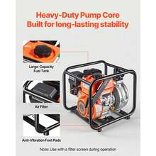 Gas Powered Water Pump, 2 In, 128 GPM 6HP Semi Trash Water Transfer Pump Portable, Gasoline Engine With 25 Ft Discharge Hose, Heavy Duty Frame, Cast Iron Impeller, For Irrigation, Ponds, Pools - Default - View 5