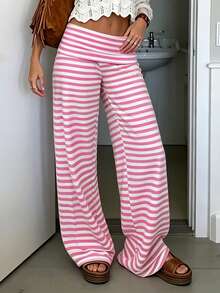 Women Y2k Low Waist Loose Fit Trousers Cute Striped Wide Flare Leg Pants Stretchy Folds Over Lounge Home Sweatpants - 粉色 - 查看 1
