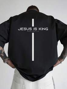 Men's Short-Sleeved Cotton T-Shirt: Black Background With White Vertical Stripes, Stylish Print On The Back, Casual Loose Fit. Suitable For Fitness, Sports, And Everyday Wear. - 白色 - 查看 9
