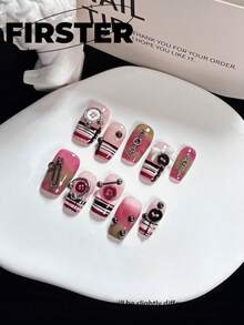 10 piezas de uñas postizas cuadradas de longitud media-corta hechas a mano, uñas falsas con degradado rosa & marrón a cuadros, decoración con botón, alfiler de , lazo & strass, uñas acrílicas brillantes reutilizables - Multicolor - Ver 3