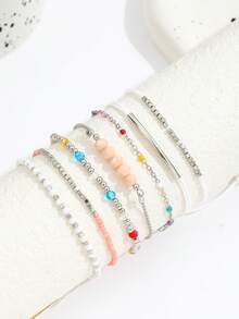 7PCS CCB Rice Bead Bracelet, Simple Fashion Personalized Beach Style Colorful Drip Oil Chain CCB Jewelry For Women (Mixed Rice Beads, Non-Positioned) - Silver - View 2