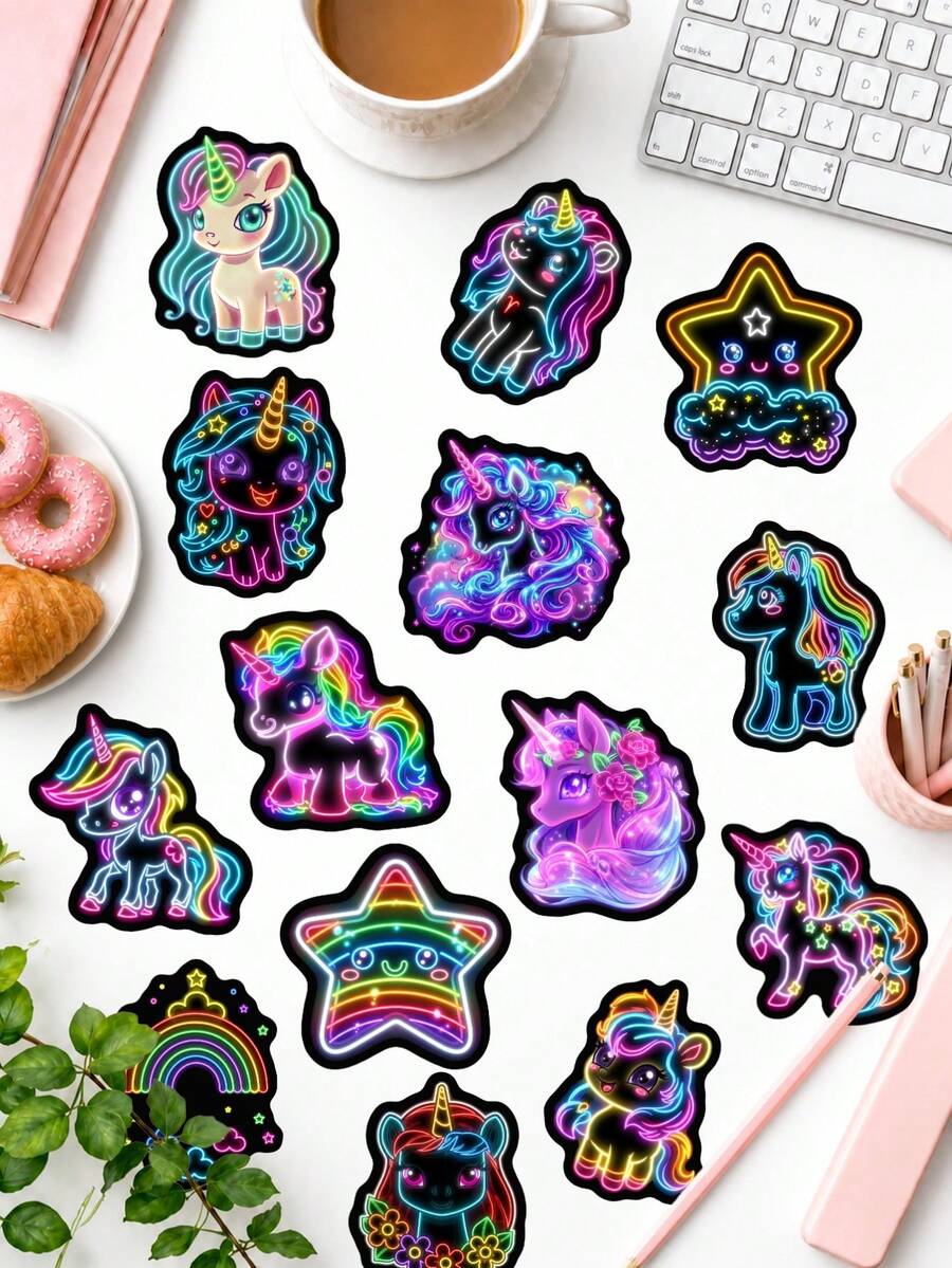 50張霓虹彩虹獨角獸貼紙，霓虹可愛獨角獸與星星貼花，防水乙烯基貼紙，適用於DIY手機殼、文具和家居配件 - 彩色 - 查看 1