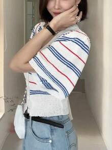 Áo cardigan ngắn tay phối màu khối sọc kẻ casual mùa xuân/hè màu trắng - trắng - Xem 5
