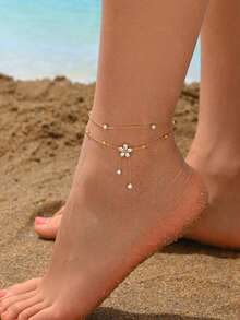 1 pieza Tobillera de mujer de acero inoxidable con colgante de flor de circonia dorada, tobillera de flor con borlas de varias capas, joyería elegante chapada en oro de 18K, adecuada para uso diario, citas o playa de verano de la mujer - Dorado - Ver 1