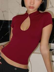 Top corto de unicolor con diseño calado para mujer, ajustado y sexy para uso casual y de fiesta, color negro para verano - Burdeos - Ver 1