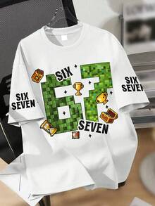 男童酷炫像素 67 遊戲 T 恤，大號「Six Seven」像素圖案印花 T 恤，柔軟舒適面料夏季街頭風上衣 - 白色 - 查看 1