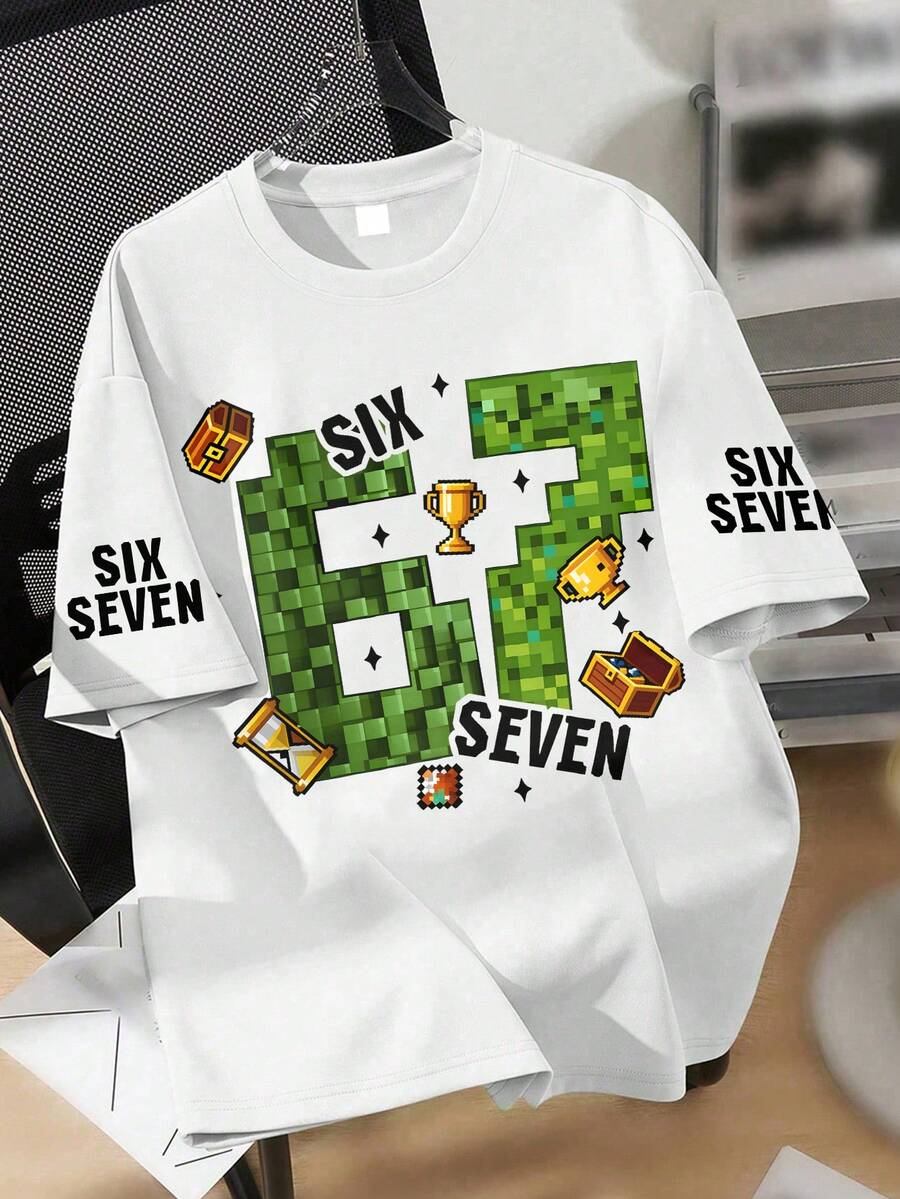 男童酷炫像素 67 遊戲 T 恤,大號「Six Seven」像素圖案印花 T 恤,柔軟舒適面料夏季街頭風上衣 - 白色 - 查看 1