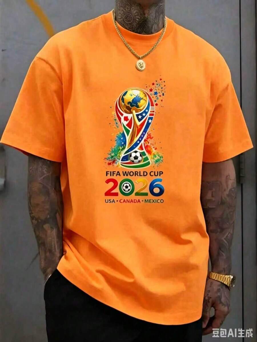 [Official FIFA World Cup Licensed]World Cup T-Shirt, Unisex, 2026 Football Jersey, USA, Canada, Mexico Styles, Fan Gift, Fan Apparel, Single Piece - 橘色 - 查看 1