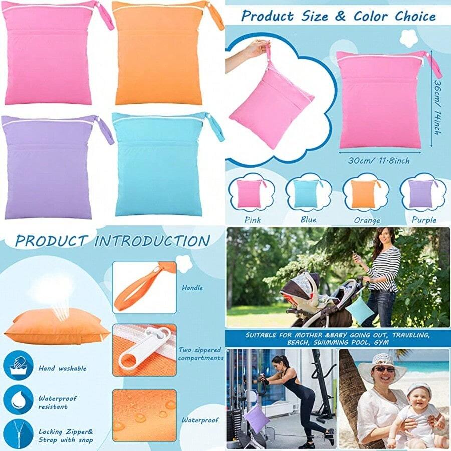 Shappy - Bolsa de 4 piezas para pañales de tela para bebé impermeable lavable reutilizable con 2 bolsillos para viajes piscina de playa azul morado rosa naranja - como en la imagen - Ver 1