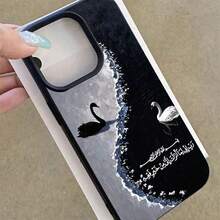 1pc TPU Material Retro Black & White Double Swan Pattern Phone Case Compatible With IPhone 17 Pro Max/17/16 Pro Max/15/13/12/11/ S20 FE/A15/S24/A55/ Note 11/Note 12/Note 13 Pro Full Coverage Shockproof Soft Protective Cover - Black - View 3