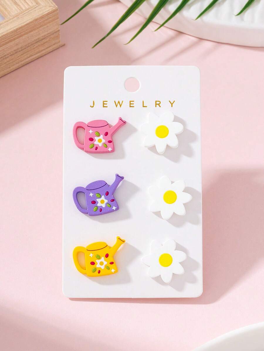 3 Pairs/Set Daily Vacation Water Bottle Flower Enamel Faux Soft Clay Texture Design Women's Fashion Jewelry Earrings, Perfect Gift For Holiday Gatherings - Multicolor - View 1