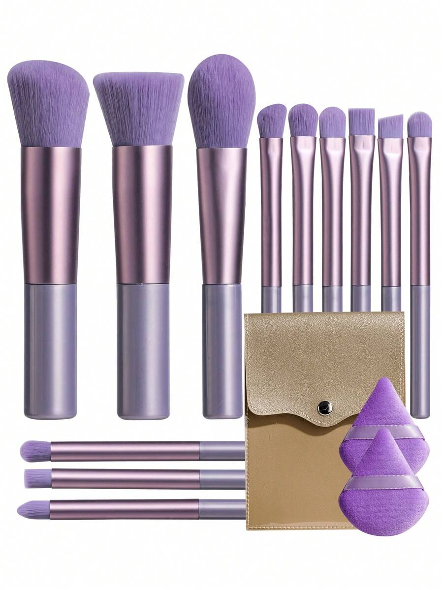BS-MALL 12 Pcs Mini Purple Makeup Brush Set, With Gold Square Case & 2 Brown Powder Puffs, Travel Portable Professional Cosmetic Brushes For Eye Face Blending Foundation Contour, Soft Synthetic Hair Beauty Tools, Gift For Her - Purple - View 1