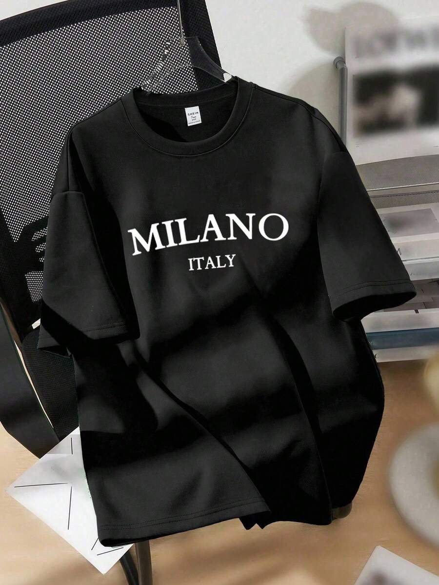 Camiseta de manga corta de cuello redondo de ajuste holgado con estampado de Milán, de verano para mujer - Negro - Ver 1