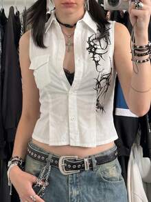 女士白色无袖短款衬衫 - 翻领纽扣上衣，饰有黑色刺绣，哥特朋克风格，适合夏季休闲街头风、Y2K朋克表演、春季日常穿着，独特另类上衣 - 白色 - 查看 3
