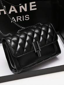 Elegant Black Quilted Crossbody Bag For Women Metal Chain Strap Shoulder Purse, Adjustable Strap, Polyester Lined, Urban Fashion Accessory - 黑色 - 查看 8