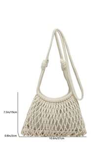 2026 Woven Net Bag Shoulder Bag Colorful Stone Beads Embellished Lattice Vacation Handbag Design Drawstring Inner Pocket Women's Bag - White - View 12