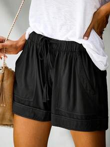 Women's Casual Shorts With Adjustable Drawstring, Elastic Waistband, Solid Color, Lightweight, For Summer Beach, With Pockets - 黑色 - 查看 3