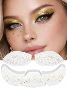 12pcs Gold Glitter Star Freckle Temporary Tattoo Stickers, Waterproof Shiny Face And Eye Makeup Decals, Suitable For Halloween, Wedding, Beach, Parade, Holiday Party - Gold - View 1