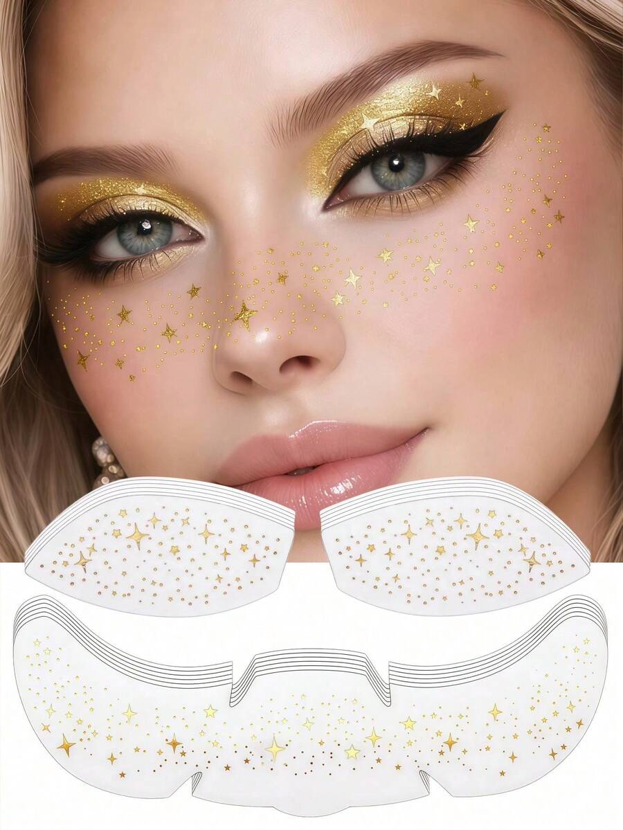 12pcs Gold Glitter Star Freckle Temporary Tattoo Stickers, Waterproof Shiny Face And Eye Makeup Decals, Suitable For Halloween, Wedding, Beach, Parade, Holiday Party - Gold - View 1