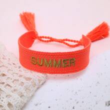 1 件复古刺绣 SUMMER 字母手工编织波西米亚海滩风格手链，适合家庭、朋友、学生、旅行、派对 - 橘色 - 查看 2