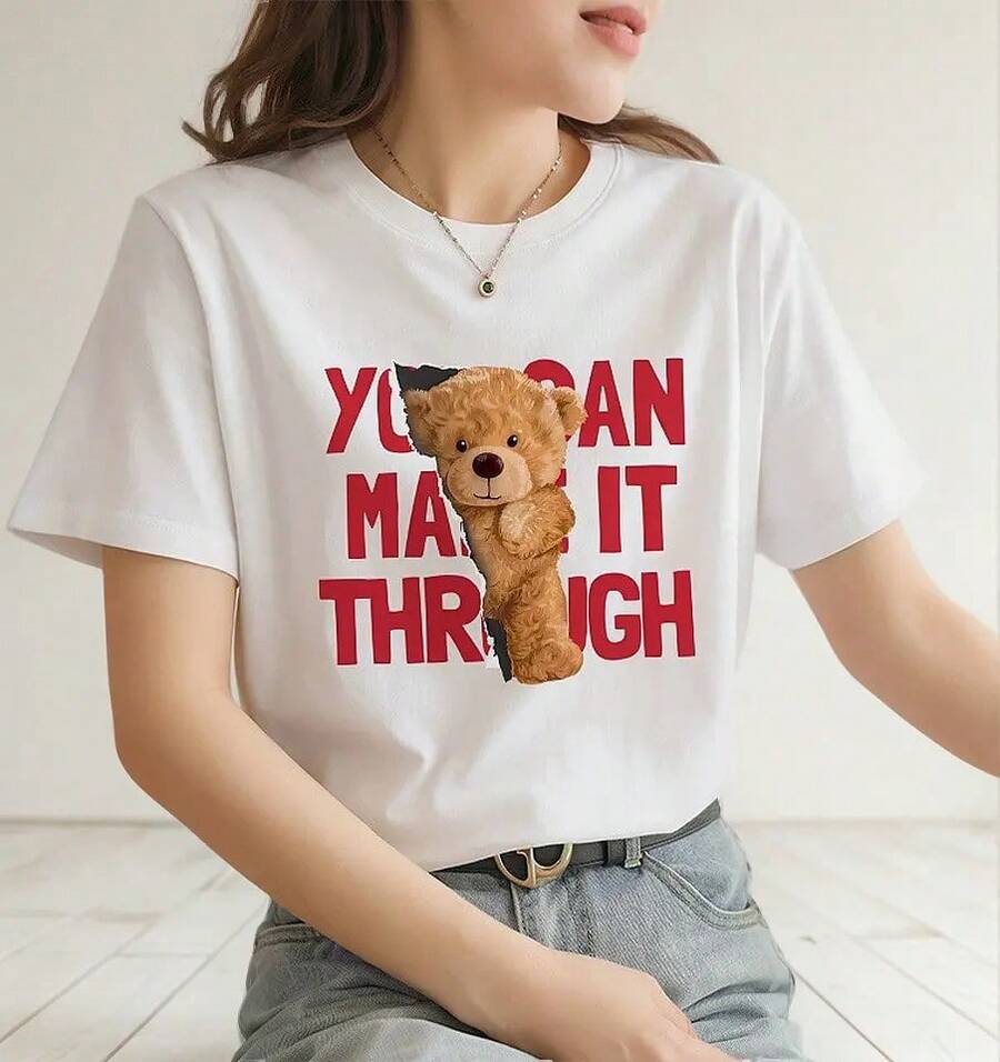 Loose Fit T-Shirt With Anime Cartoon Print - Letter Half Bear - View 1