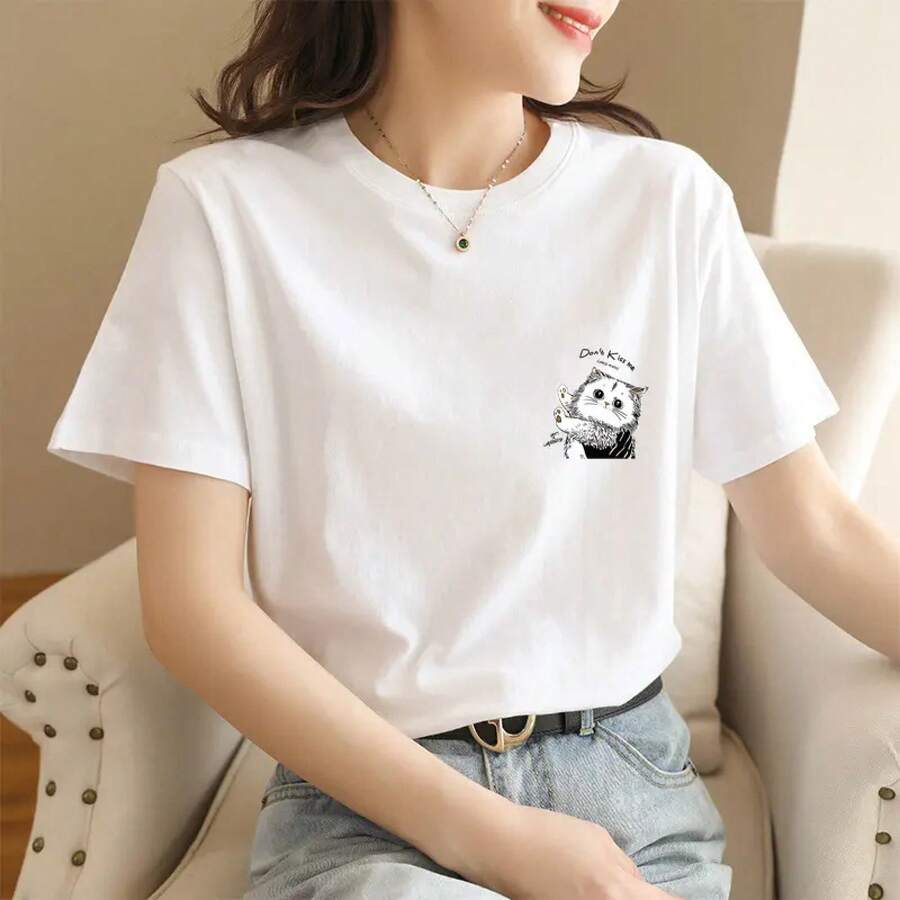 Loose Fit T-Shirt With Anime Cartoon Print - Standing Cat - View 1
