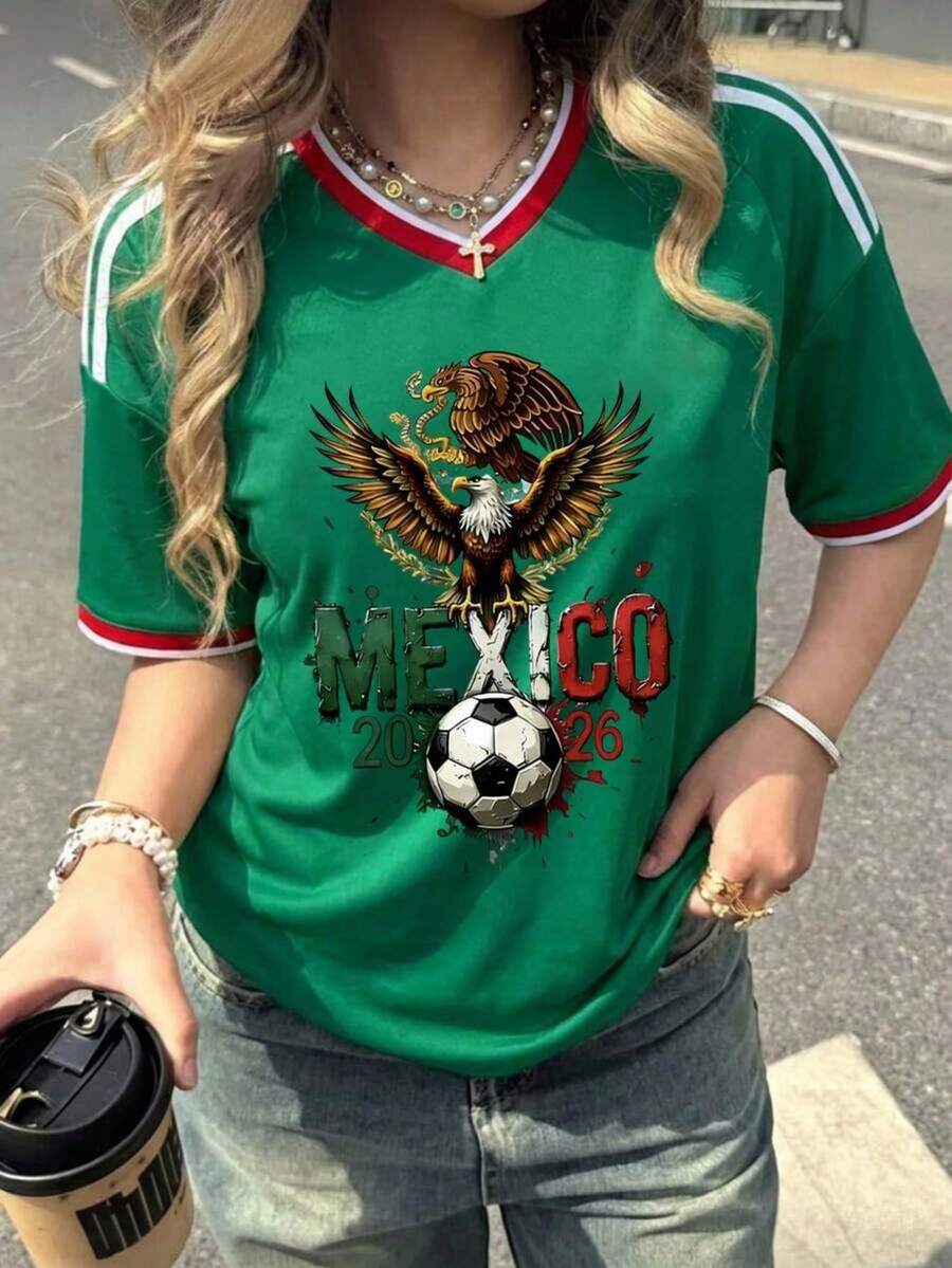 Loose-Fitting Women's T-Shirt, Printed With The Colors Of The National And The Mexican Flag, Ideal For The National Team. Comfortably Soft For Everyday Wear. - 灰色 - 查看 1