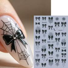 2 feuilles d'autocollants pour ongles gothiques d'Halloween, corbeau en relief 5D, crâne, rose, toile d'araignée & nœud, décalcomanies d'art pour ongles, décoration de manucure DIY pour femmes & filles - Noir - Voir 7