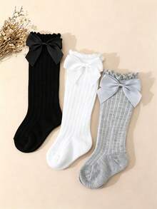 3 Pairs Girls Sweet Cute Bow Decor Bubble Cuff Elastic Mid-Calf Socks, Spring Autumn All Seasons Girls Leg Socks, Suitable For 0-3 Years Old Children Daily Wear - Multicolor - View 2