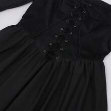 Gothic Open Shoulder Long Sleeve Ball Gown, With Lace-Up Detail, Perfect For Cosplay And Formal Occasions, Non-Stretch Fabric. Black - Black - View 5