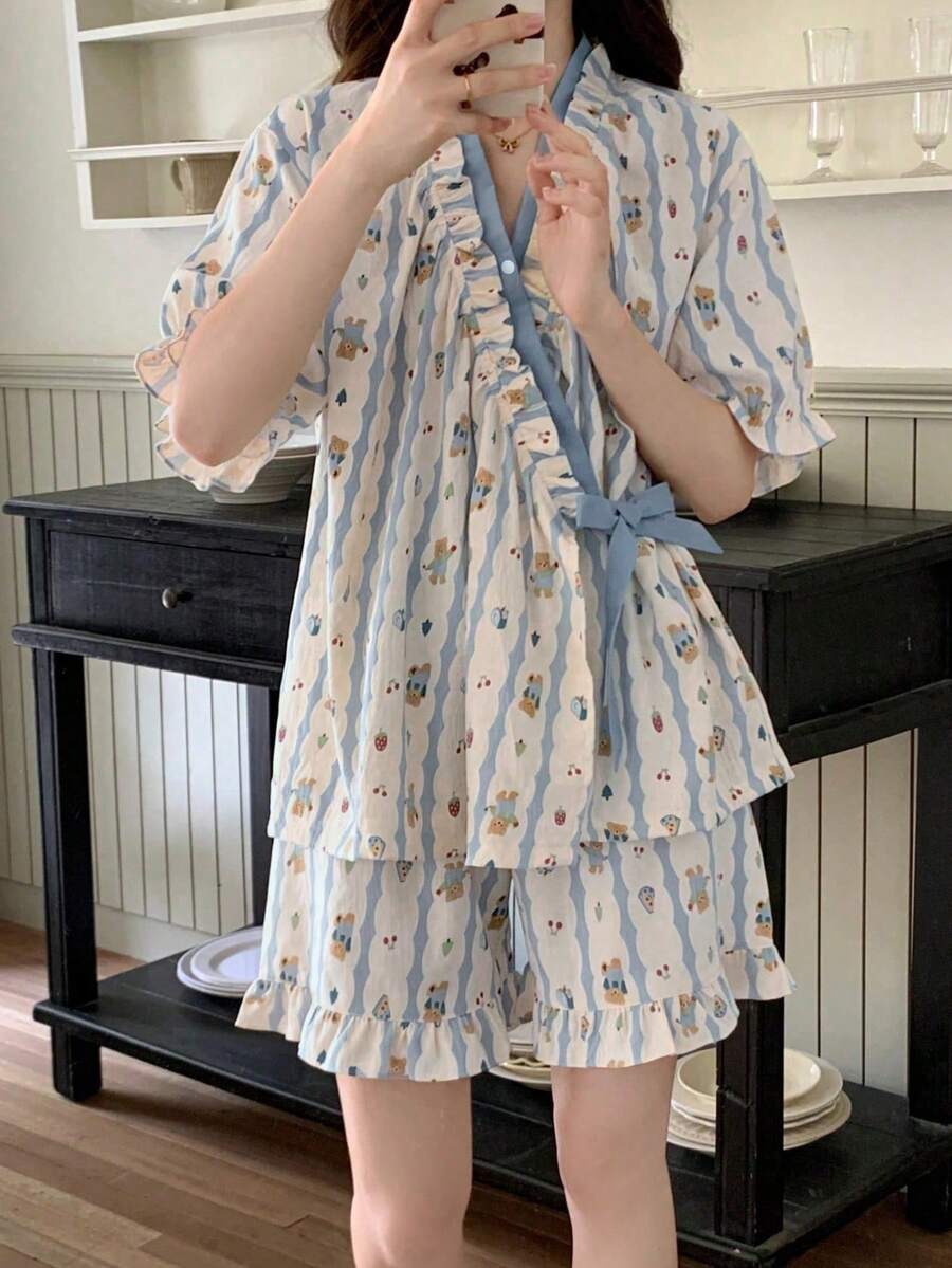 2件組女款睡衣家居服套裝,短袖綁帶設計花卉印花時尚短褲,居家舒適穿著 - 彩色 - 查看 1