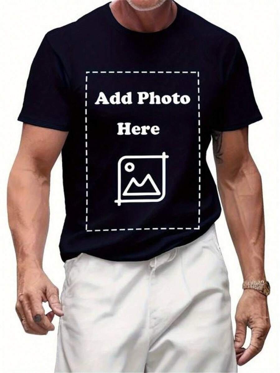 [Edición personalizada]Camiseta de hombre con estampado frontal personalizable - Puede imprimir su foto personalizada, cuello redondo casual, manga corta, lavable aáquina, adecuada para todas las estaciones, holgada, estilo diario, a la moda, ropa, perfecta como regalo, adecuada para actividades de equipo y even - Negro - Ver 1