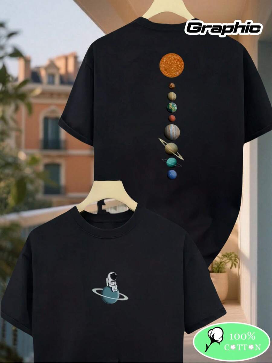 Camiseta de algodón para hombre con estampado de astronauta y sistema en ambas caras, camiseta básica casual y versátil, top deportivo cómodo, ropa casual para el día a día, diseño con - Negro - Ver 1