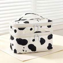 1pc Korean Style Cow Print Layered Makeup Bag, Dual Zipper Large Capacity Handheld Storage Box, Student Travel Portable Skincare Organizer Bag, Black And White Spotted Design - Multicolor - View 5