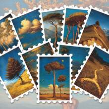 36pcs Mountain Lake Rural Cabin Stickers Pack | Aesthetic Vintage Golden Blue Starry Sky Classical Oil Painting Landscape Graphics | Vinyl For Journaling & Scrapbooking - Rectangle - View 2