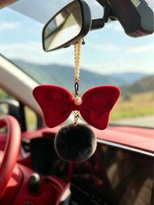FCV Hiasan Gantung Spion Mobil Bentuk Pita Lucu, Liontin Rantai Mutiara Bola Plush Manik-Manik Unik Buatan Tangan, Cocok Sebagai Hadiah Untuk Anak Perempuan dan Wanita - Pita + Pom-pom - View 9