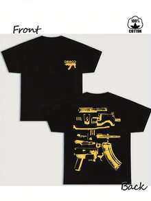 Talla, (camiseta de algodón de 220g con estampado a doble cara) estampado con diseño de pistola DRACO,% algodón, suave y cómoda, cuello redondo casual, camiseta unisex (exclu - Negro - Ver 2